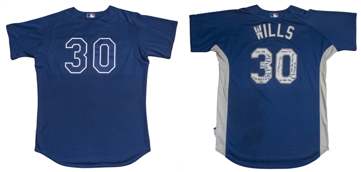 Lot of (2) Maury Wills Batting Practice Used & Signed/Inscribed Los Angeles Dodgers Managerial Jerseys (Player LOA)